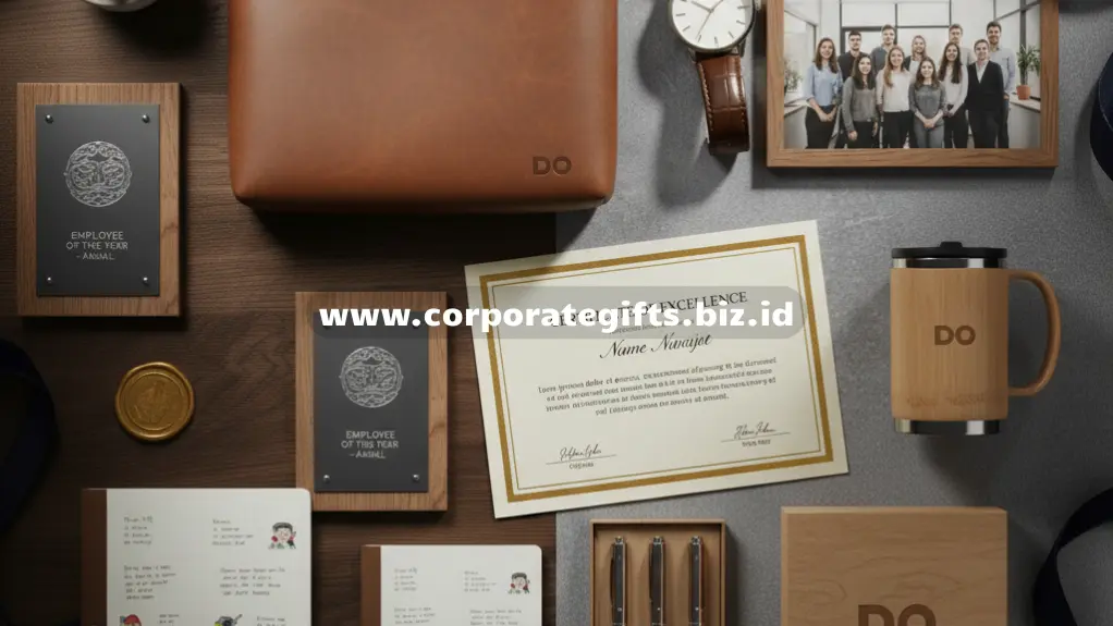 Hadiah kenang-kenangan untuk pensiunan seperti plakat kayu dan gift set eksklusif